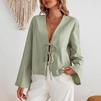 Camicia da Donna a Maniche Lunghe con Laccetti e Lavorazione a Maglia Intrecciata, Cardigan, Top Casual alla Moda