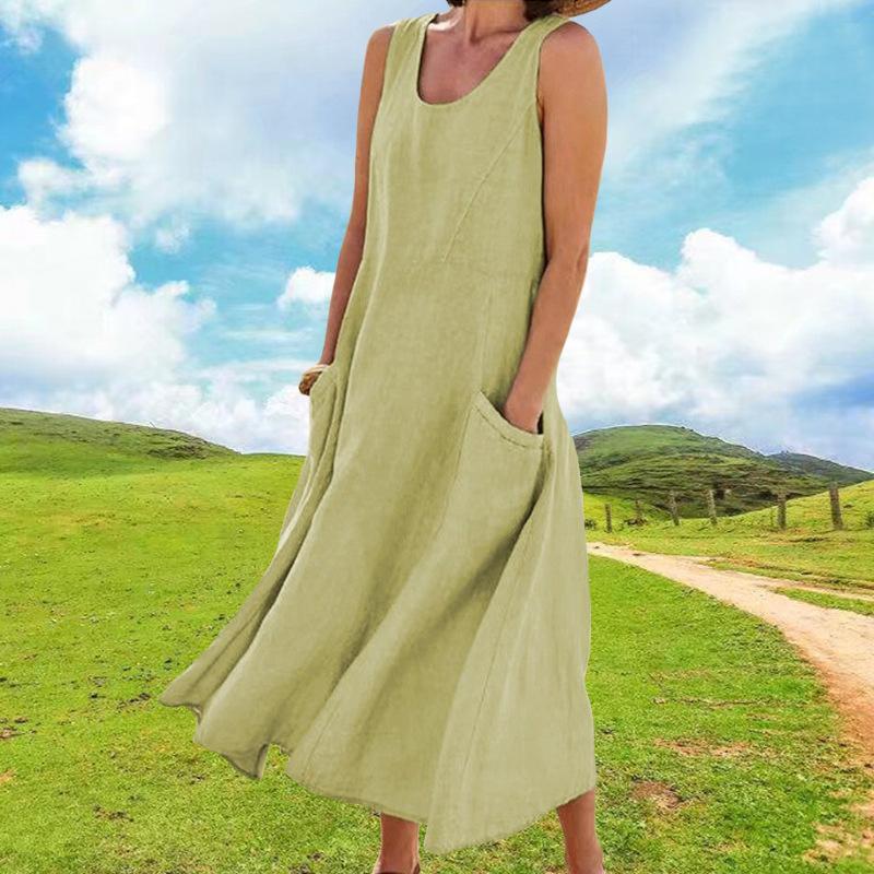 Vestido Maxi Feminino de Linho com Gola U, Sem Mangas e com Bolsos