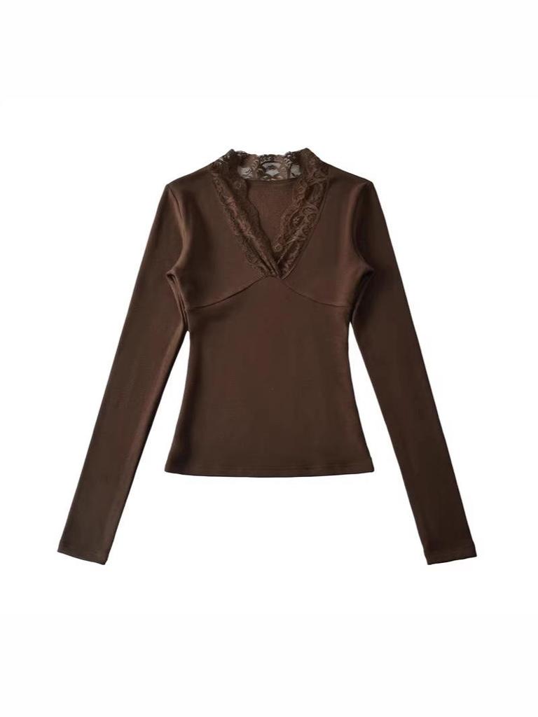 Korean Style Lace Trim V-Neck Slim-Fit Fleece Long Sleeve Women's Top