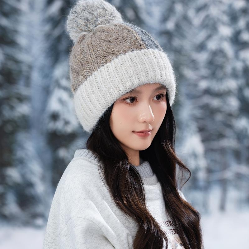 Korean Version of All match Color blocking Plaid Wool Hat Cute Fur Ball Plus Velvet Warm Hat Autumn and Winter Outdoor Leisure Cold Hat New