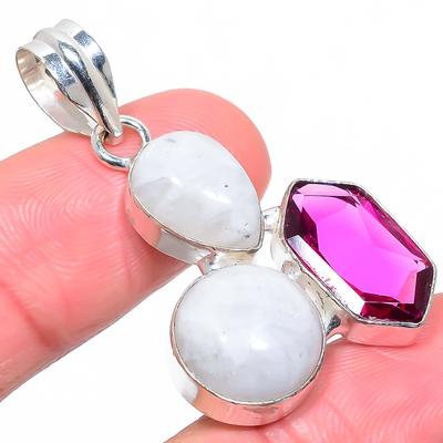 Natural Rainbow Moonstone,Kunzite Stone 925 Sterling Silver Pendant 1.77" d1J48