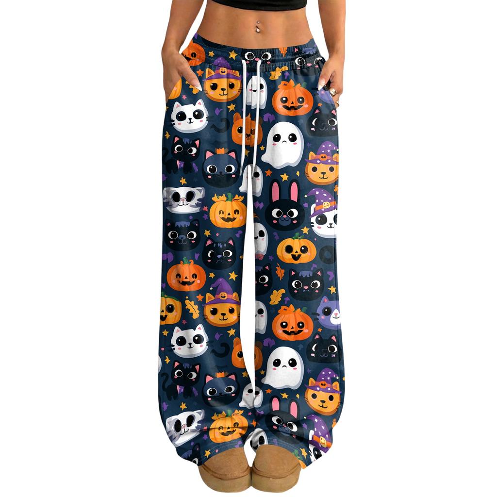 Women's Halloween Print Casual Wide Leg Pants with Drawstring Elastic Waist for Holiday Parties