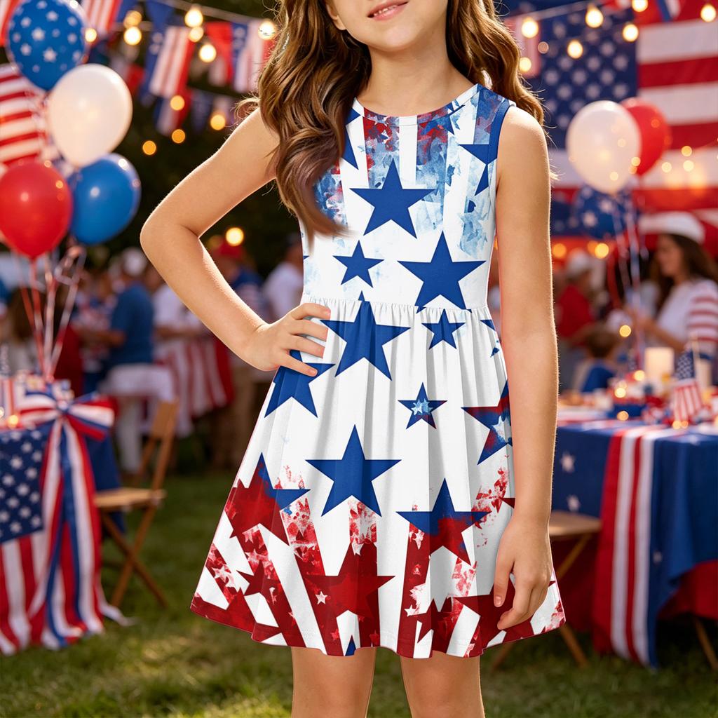 Girls' Summer Princess Dress - A-Line Vest Splice Dress Independence Day