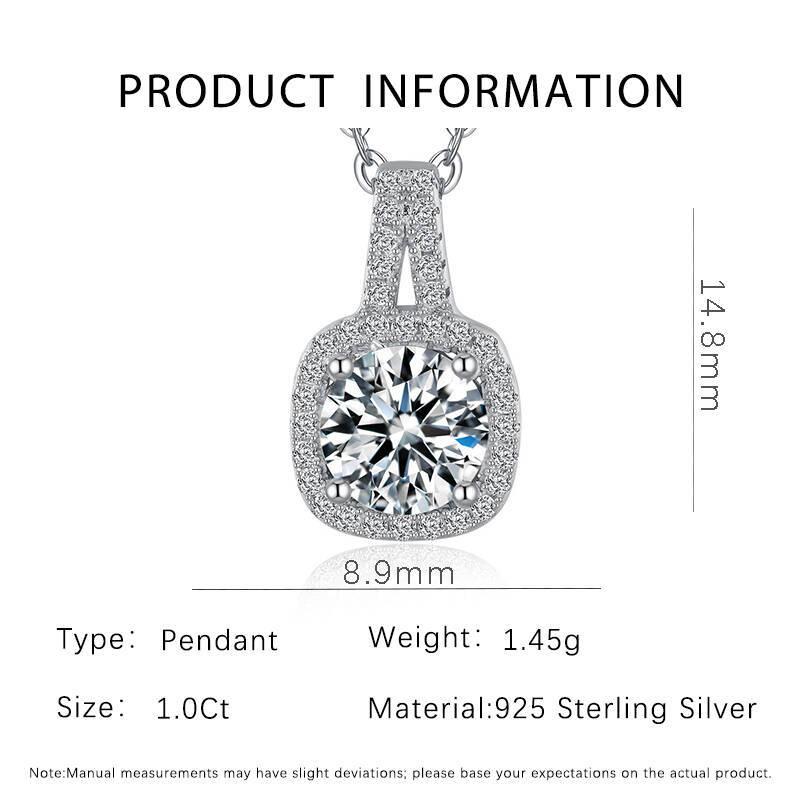 S925 Sterling Silver Square Moissanite Pendant Necklace – 1 Carat Women s Jewelry 925 Silver