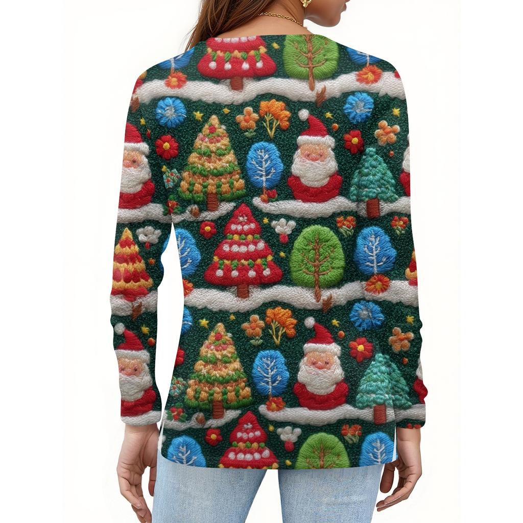 Women's Fashion Hem Slit Casual Christmas Printed Round Neck Long Sleeve Top