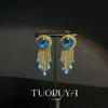 Temperament Copper Claw Tassel Earrings with Blue Gem Studs