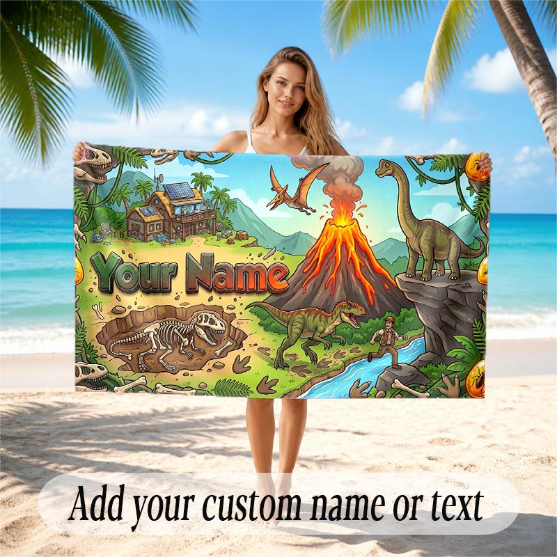 Dinosaur Theme Quick Dry Beach Towel Custom Name Text Print Large Sand Resistant Towel Beach Vacation