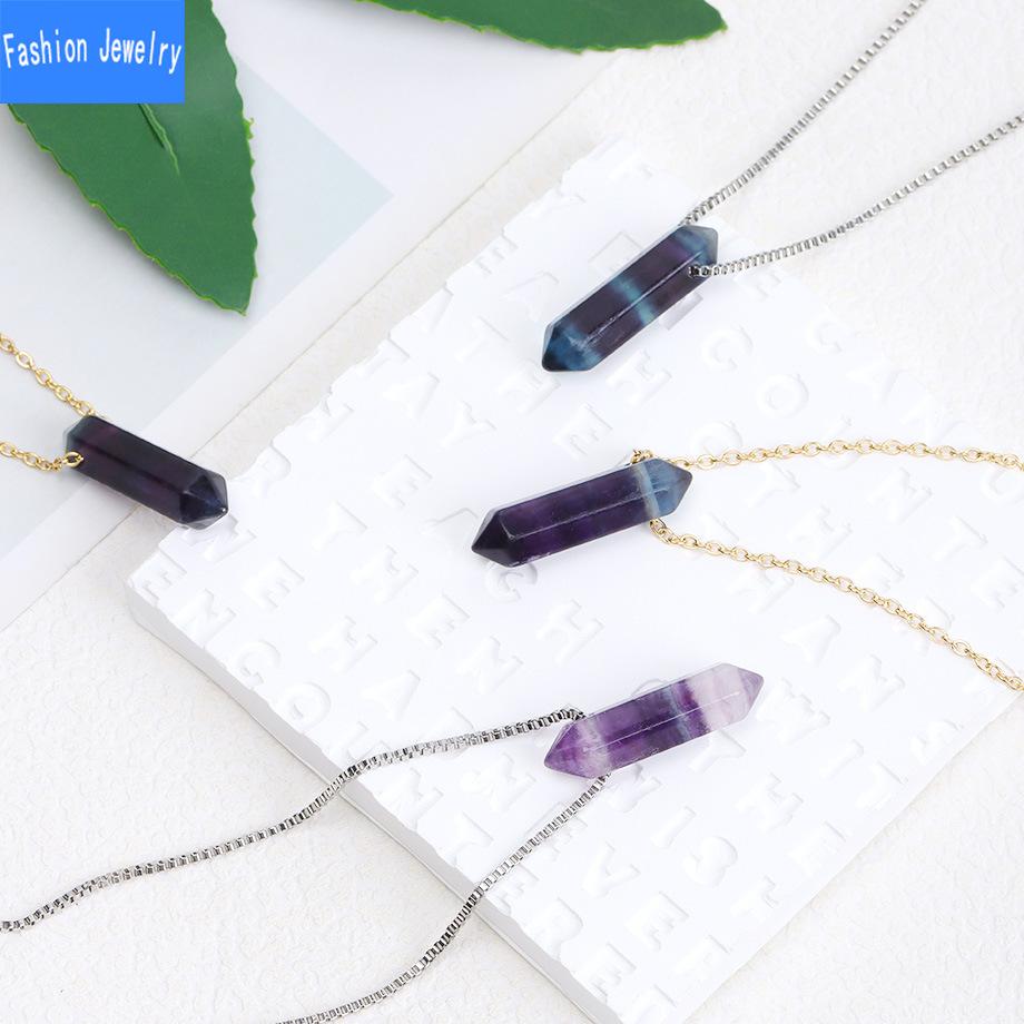 Natural crystal colorful fluorite double pointed column pendant necklace women's stainless steel clavicle chain