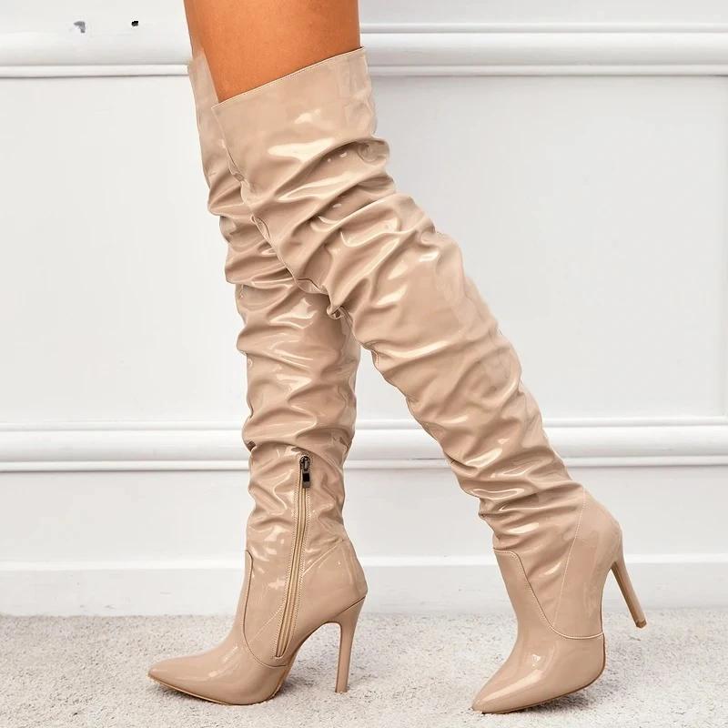 Fashion Fashion Pointed Toe Over The Knee Boots Women High Heels Patent Leather Solid Stiletto Side Zipper Sapatos Femininos