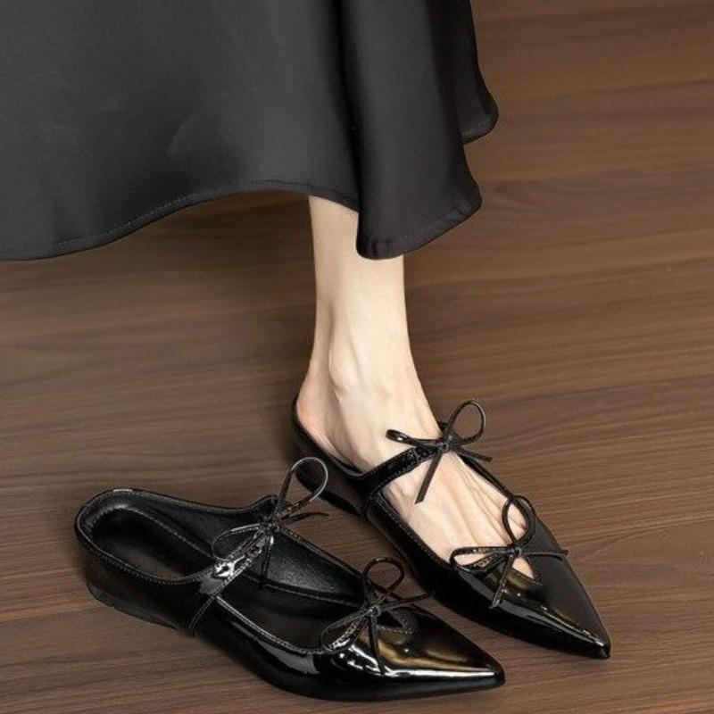 

Autumn double bow half-drag inner height increase pointed patent leather half-drag fashion versatile Mary Jane single shoes 40 чёрный