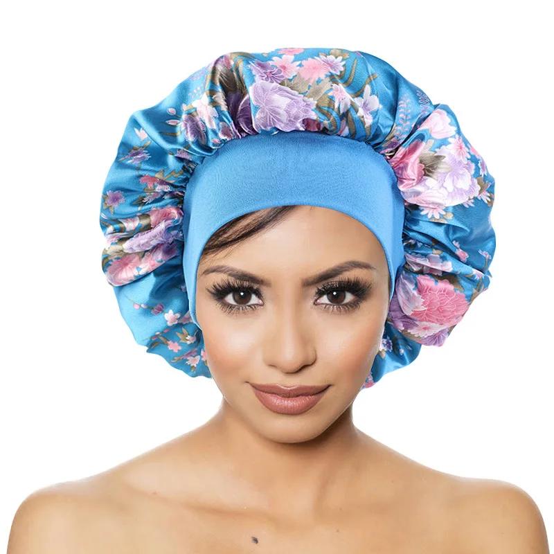 European and American Popular Wide-brimmed Satin Nightcaps Cheongsam Color Printing Round Caps Beauty Salon Caps