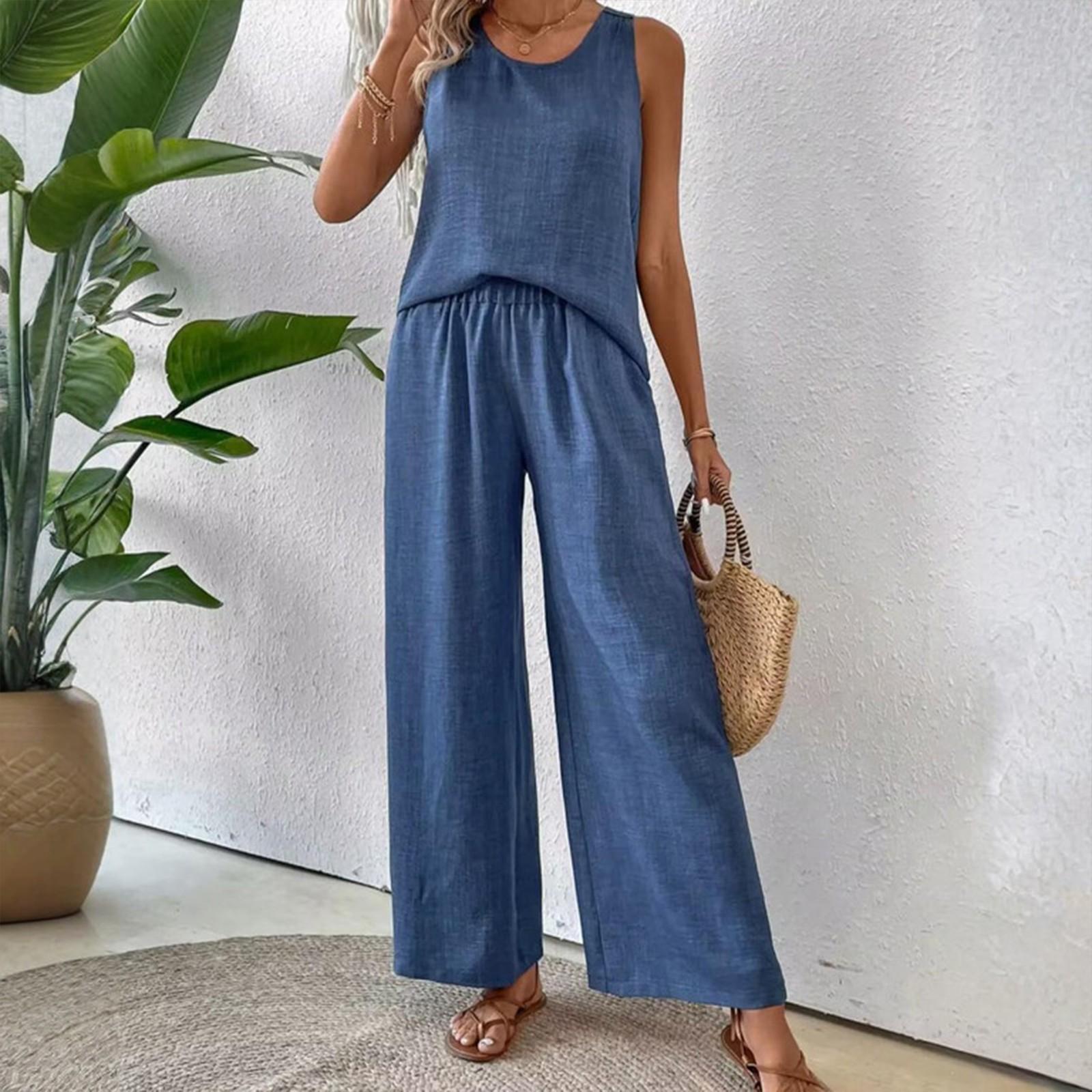 

Женский свободный повседневный летний комплект без рукавов с однотонным кружевом и ажурной спинкой S