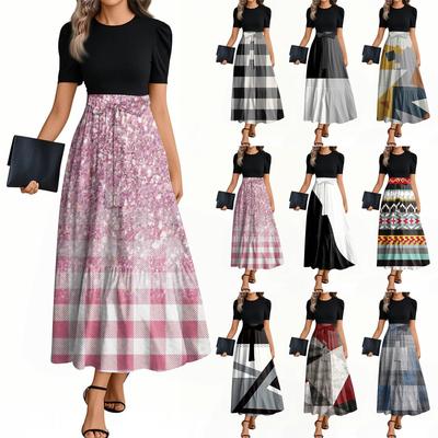 Women's Fashion Casual Belted Short Sleeve Round Neck Geometric Splicing Elegant Temperament Dresses