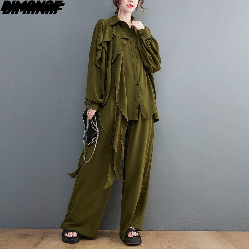 DIMANAF 2021 Women Two Piece Set Casual Tassel Lace Tops Shirts Autumn Loose Wide Leg Pants Oversized Spring Summer Oversize