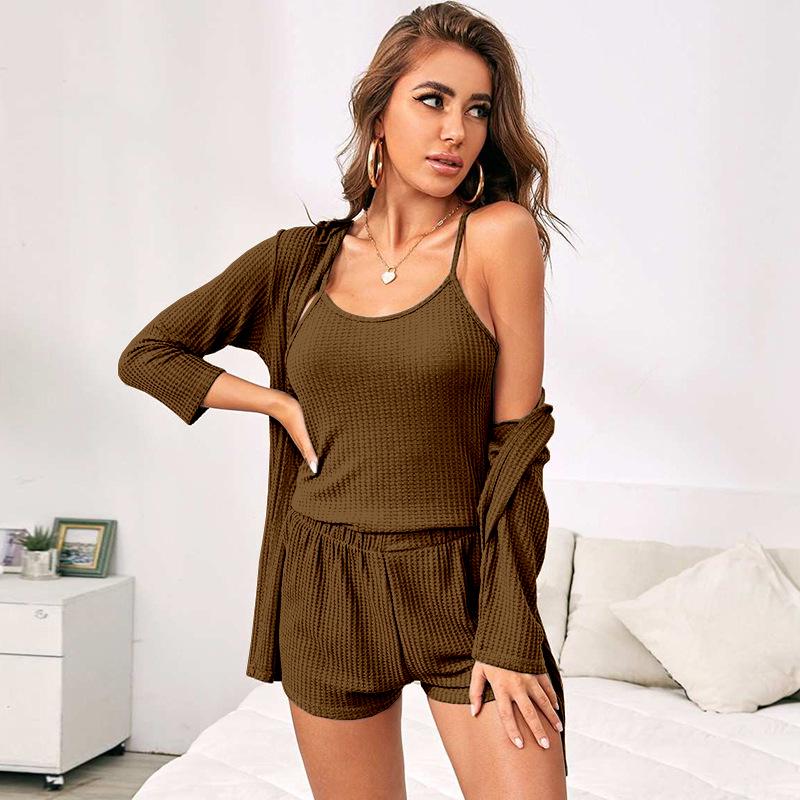 

Waffle Knit 3-Piece Women s Casual Pajama Set - Camisole, Shorts & Robe Small коричневый