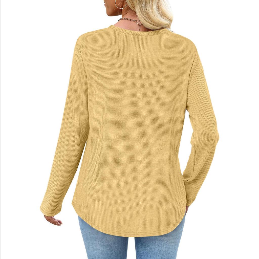 Women's European & American Style Long Sleeve Waffle Knit Top - Loose Fit Casual Pocket T-shirt