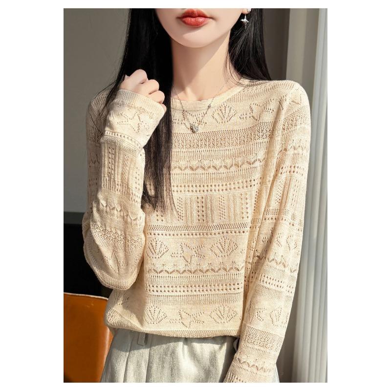 Women S Loose Long Sleeve Round Neck Cutout Knit Sweater Base Layer