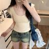 Women's Korean Slim Fit U-Neck Short-Sleeved Solid Color Summer Top