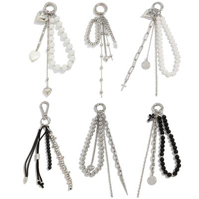 Elegant Metal Pearl Beaded Keychain Peach Heart Shape Tassel Decoration Pendant Jewelry Bead Bag Chain Gifts