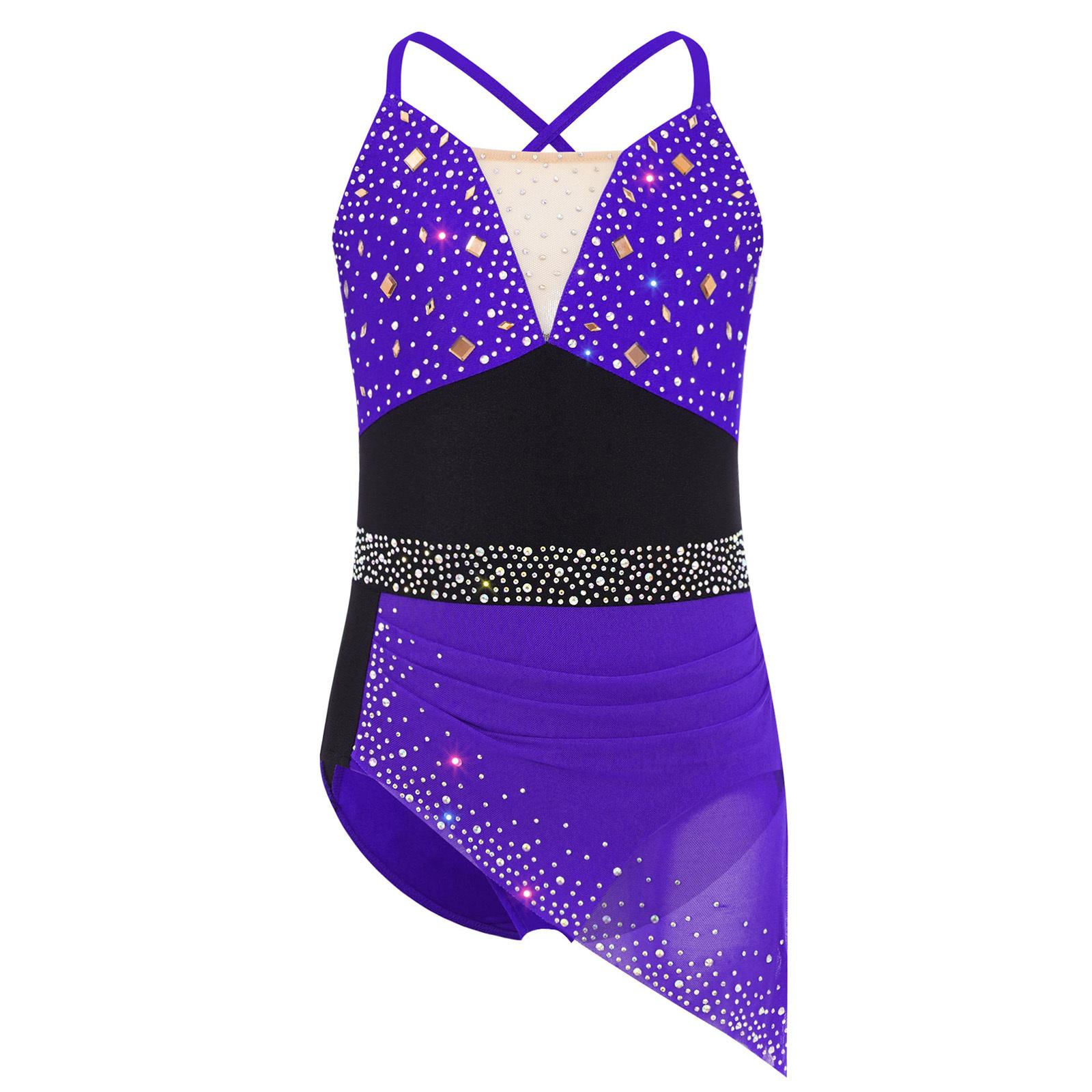 

Сукня для фігурного катання для дівчаток з перехрещеною спинкою, на бретелях-спагеті, зі стразами, з драпіруванням, асиметрична сітчаста сукня 9-10 Years фіолетовий