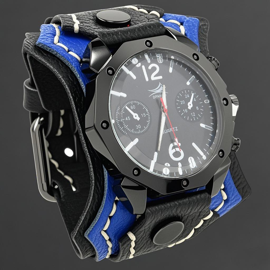 Men'S Punk Rock Style Large Dial Quartz Watch Vintage Multi Layer Hand Stitched Cowhide Strap