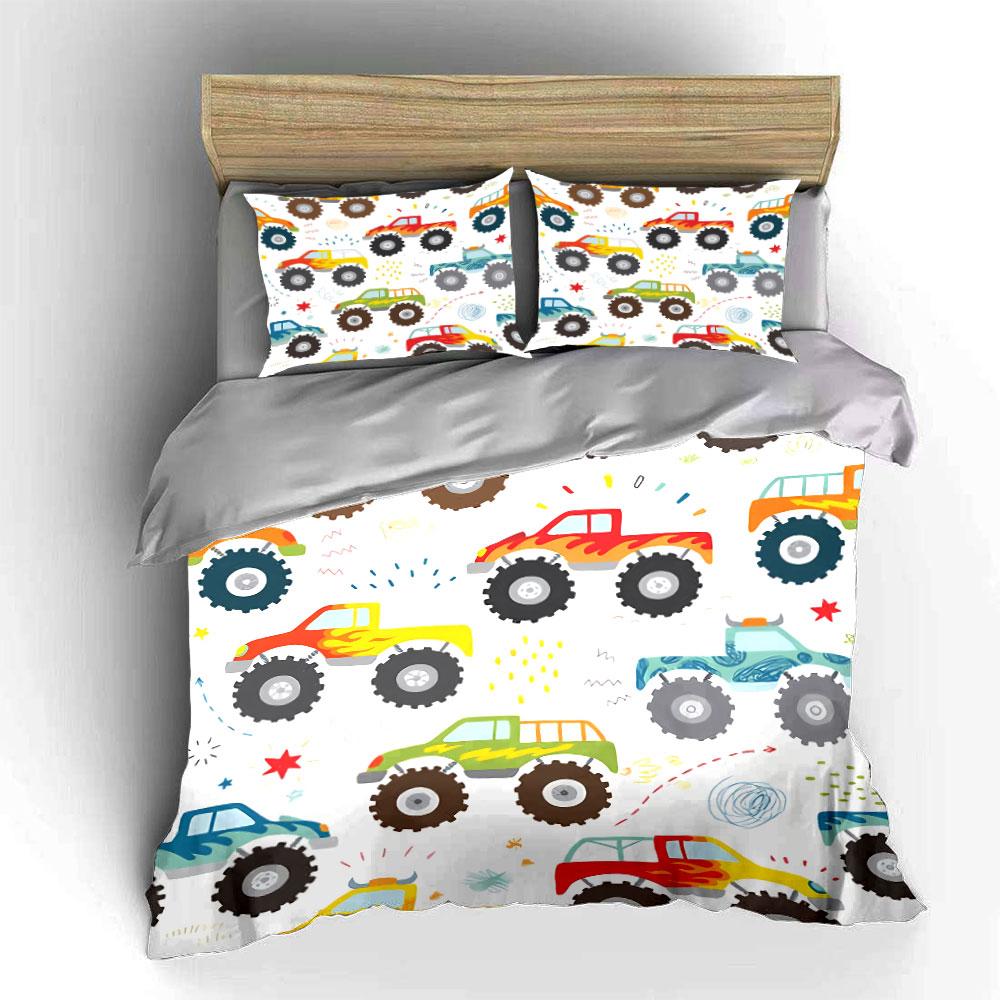 Colorful Monster Trucks Pattern Bedding Duvet Cover Set Duvet Cover Pillowcases (1*Duvet Cover 2*Pillowcases, without duvet insert)