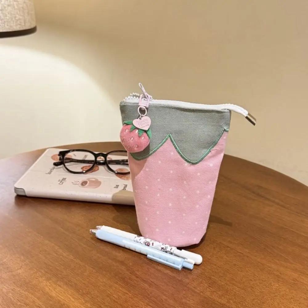 Cute Strawberry Pen Bag Foldable Large Capacity Pencil Holder Cylindrical Stand Up Cartoon Pencil Case Students Supplies