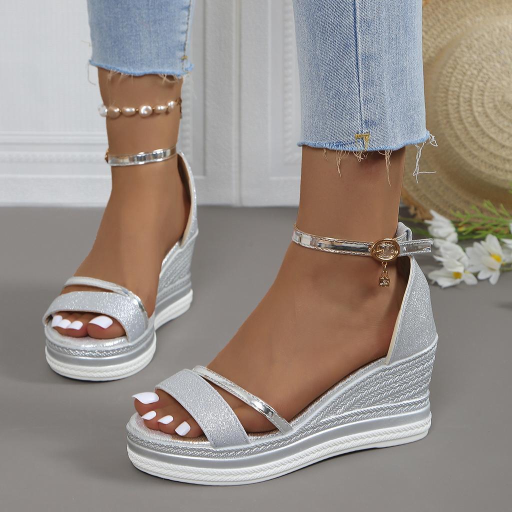 Damen Sandalen mit breiter Weite und Plateauabsatz - Peep-Toe Keilabsatz mit Schnallenriemen, Sommer Schuhe im römischen Stil
