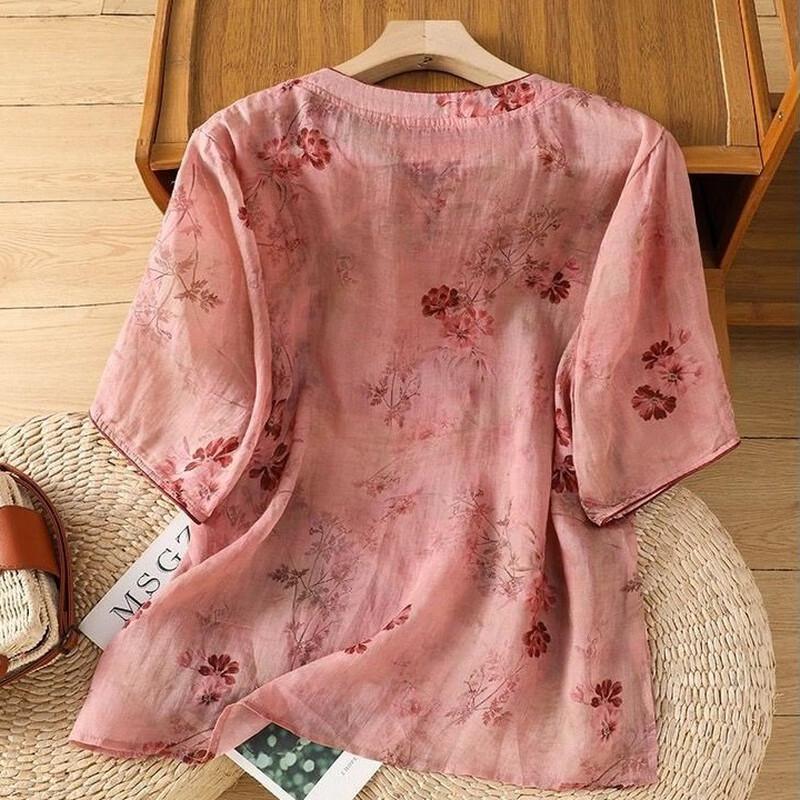 Xiao Fu Women's Elegant New Chinese Style Floral Short Sleeve Blouse
