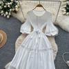 High-End Heavywork Lacing Paillette-Panel Waist-Banding Lantern Sleeve Maxi Dress for Women Autumn Charming Long Women Dress