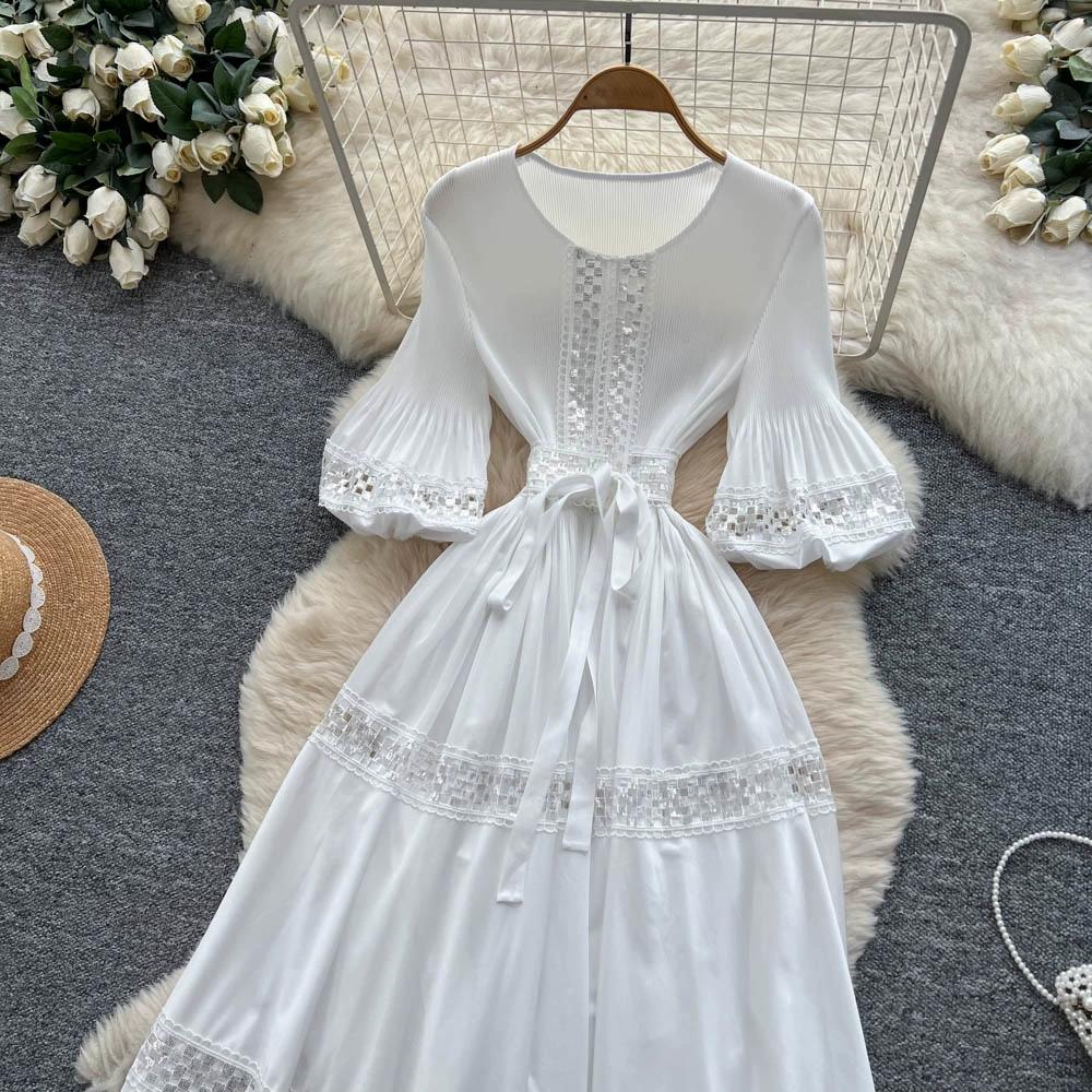 High-End Heavywork Lacing Paillette-Panel Waist-Banding Lantern Sleeve Maxi Dress for Women Autumn Charming Long Women Dress
