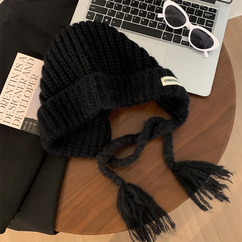 Women's Blue Knitted Wool Balaclava with Ear Protection for Autumn and Winter