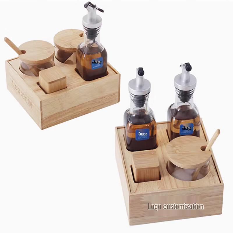 Solid Wood & Glass Condiment Organizer Set