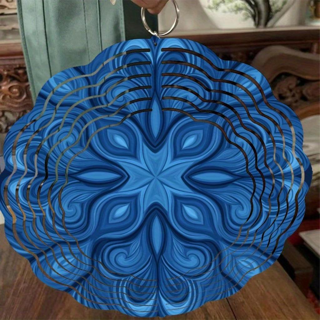 Blauer Metall Windspinner Außenbereich Innenbereich Gartendekor Dynamische wirbelnde Skulptur für Terrasse Hof Hängehaken Kreisdesign Windspiele