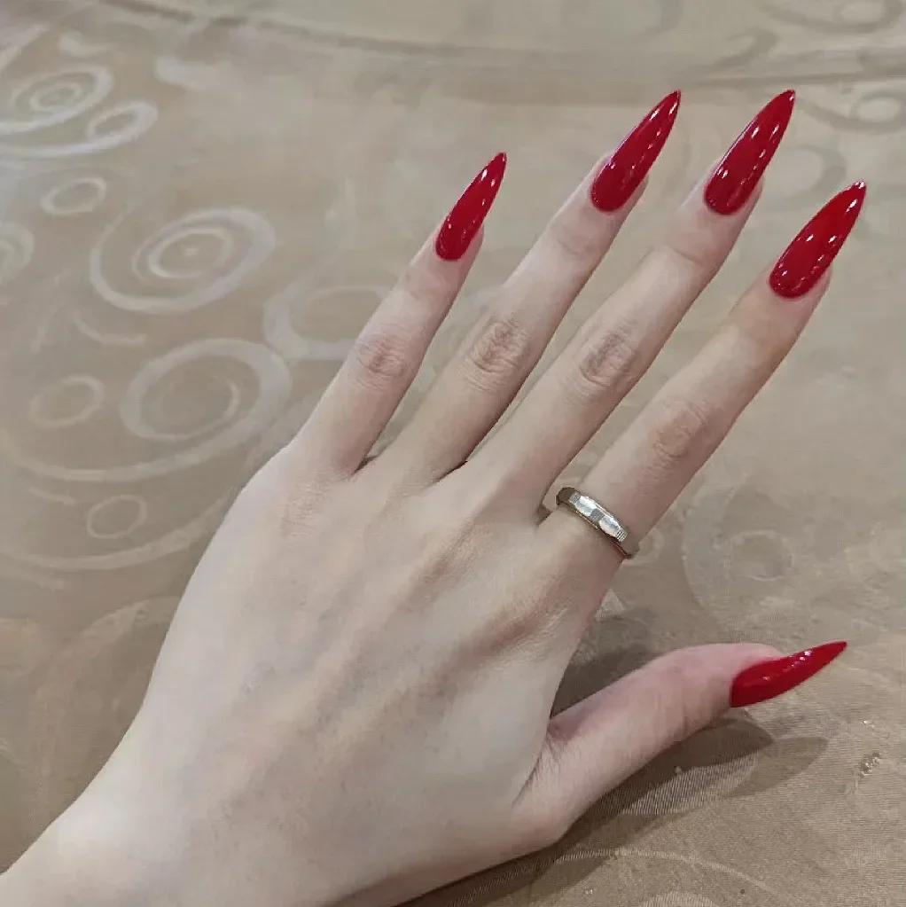 24Pcs Long Stiletto Almond Pure Color False Nails with Glue Simple Fake Nails Press on Nails Full Cover Artificial Nail Tips