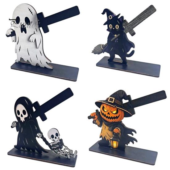 Dark Theme Table Organizer Halloween Wooden Napkin Holder, Ghost Pumpkin Skeleton Cat Bat Tissue Dispenser, Waterproof Gothic Room Decor Tabletop for