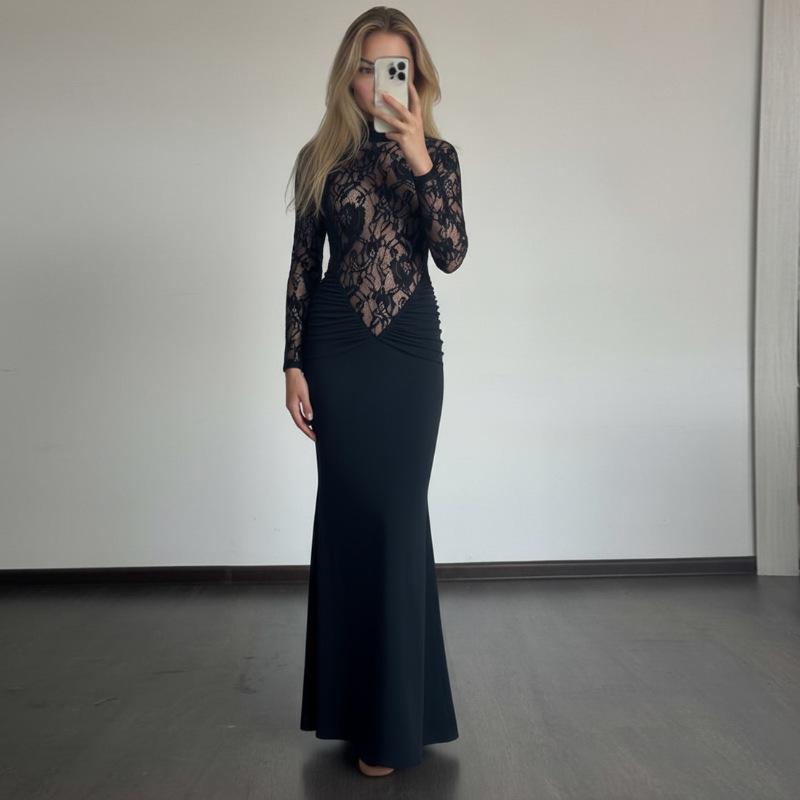 2026 Spring European & American Semi-High Neck Lace Slim Fit Dress