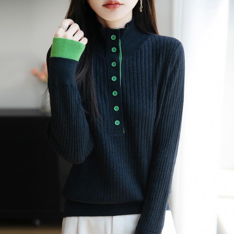 Women's V-Neck Wool Sweater - Half Button Color Block Pullover for Autumn/Winter