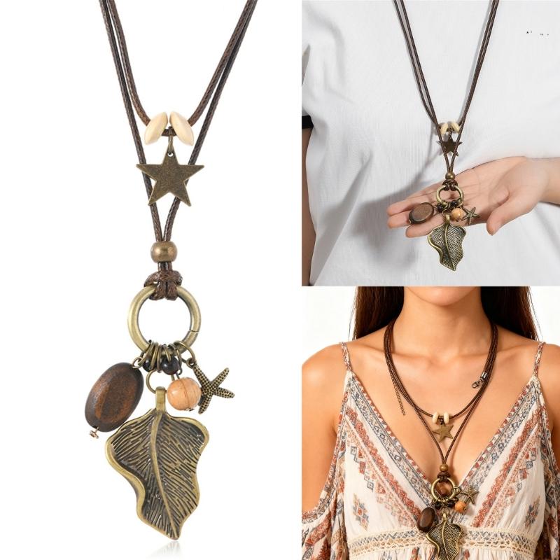 Artisanal Crafted Beaded Leaf Necklace Soft Wax Cord Multi Material Layering Design Versatile Jewelry Gift