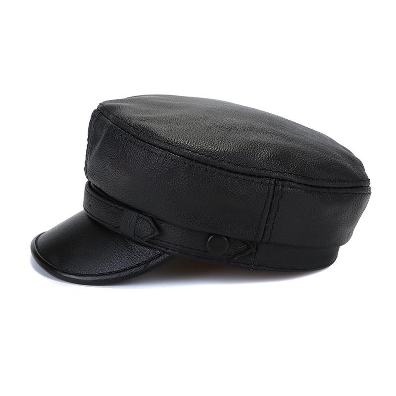 Korean Style Genuine Leather Duckbill Cap for Men & Women - Autumn/Winter Flat Top Military Biker Cap