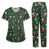 Women's Casual Christmas Print V-Neck Short Sleeve Top with Pockets and Pants Set, Two-Piece Caregiver Work Uniform
