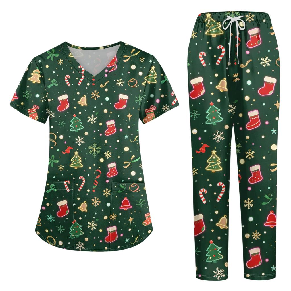 Women's Casual Christmas Print V-Neck Short Sleeve Top with Pockets and Pants Set, Two-Piece Caregiver Work Uniform