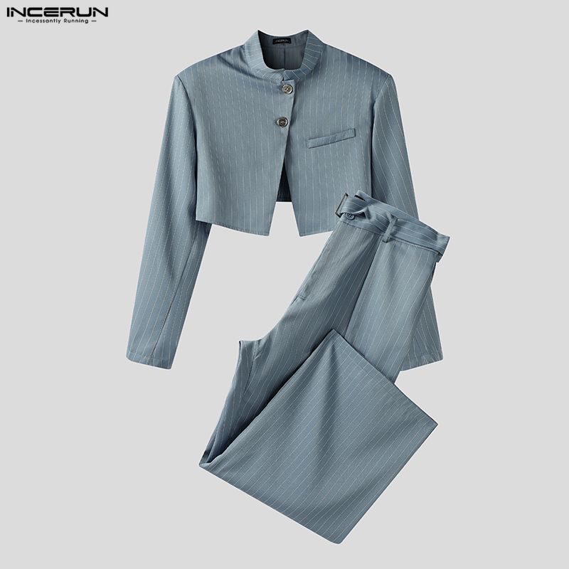 INCERUN Men Striped Outfits Stand Neck Long Sleeve Crop Tops Zip-Up High Waist Long Pants Sets