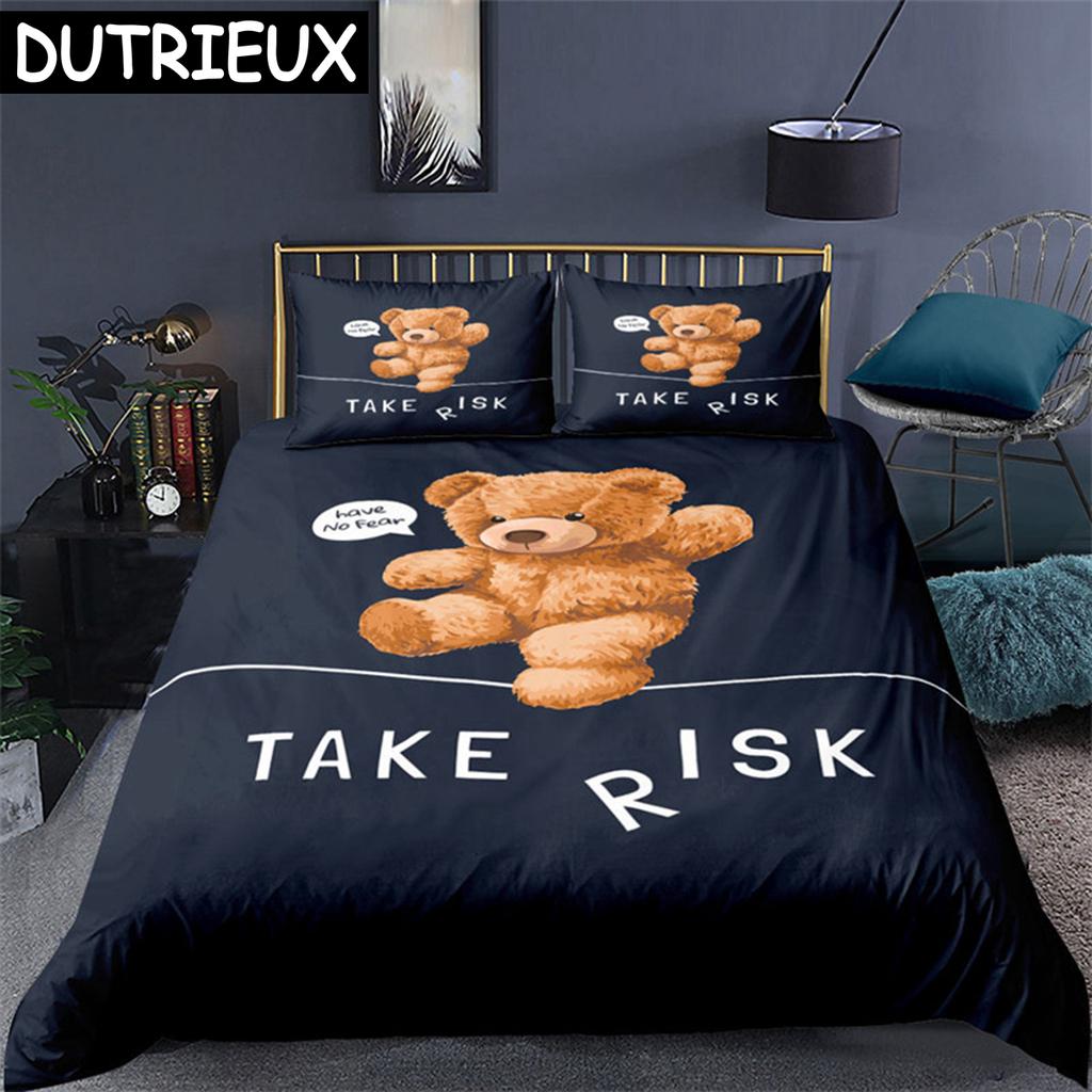 Teddy Bear Pattern Bedding Set Simple Bedspread Pillowcase Cartoon Home Textile Children Adult Bedroom Decoration