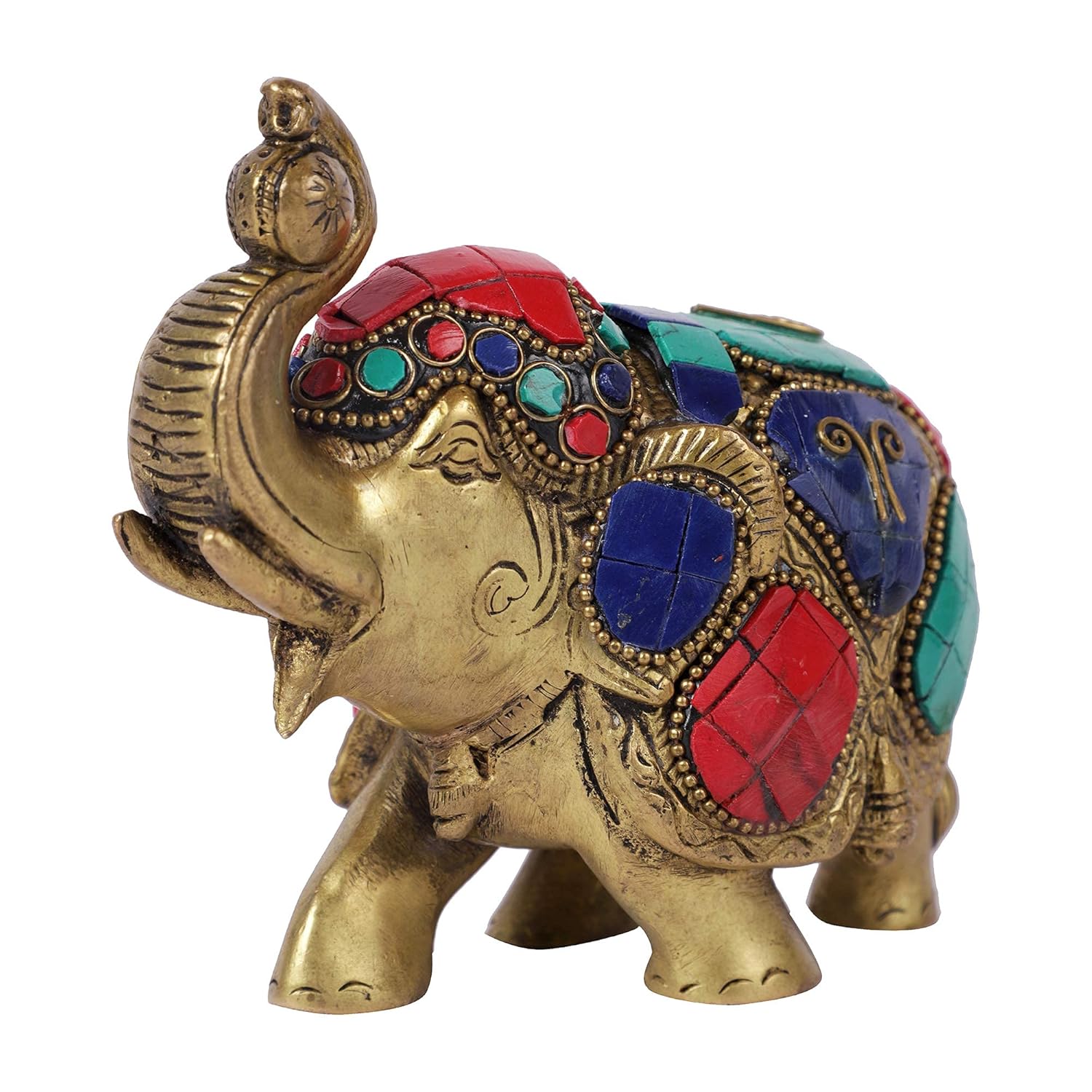 Maharaja Elephant Gemstone Brass Showpiece Idol, Religious, Multicolored, Brass