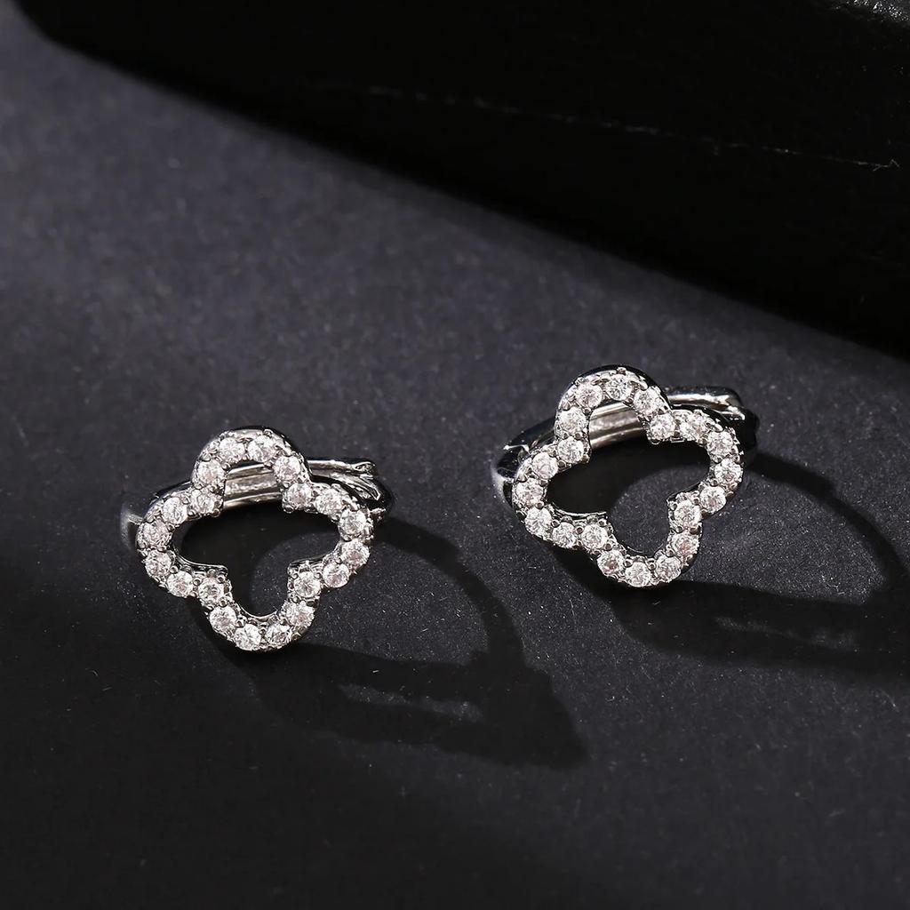 Exquisite Luxury Zircon Embedded Copper Floral Hollow out Petal Earrings Fashion Lucky Flower Shaped Ear Jewelry Accessories