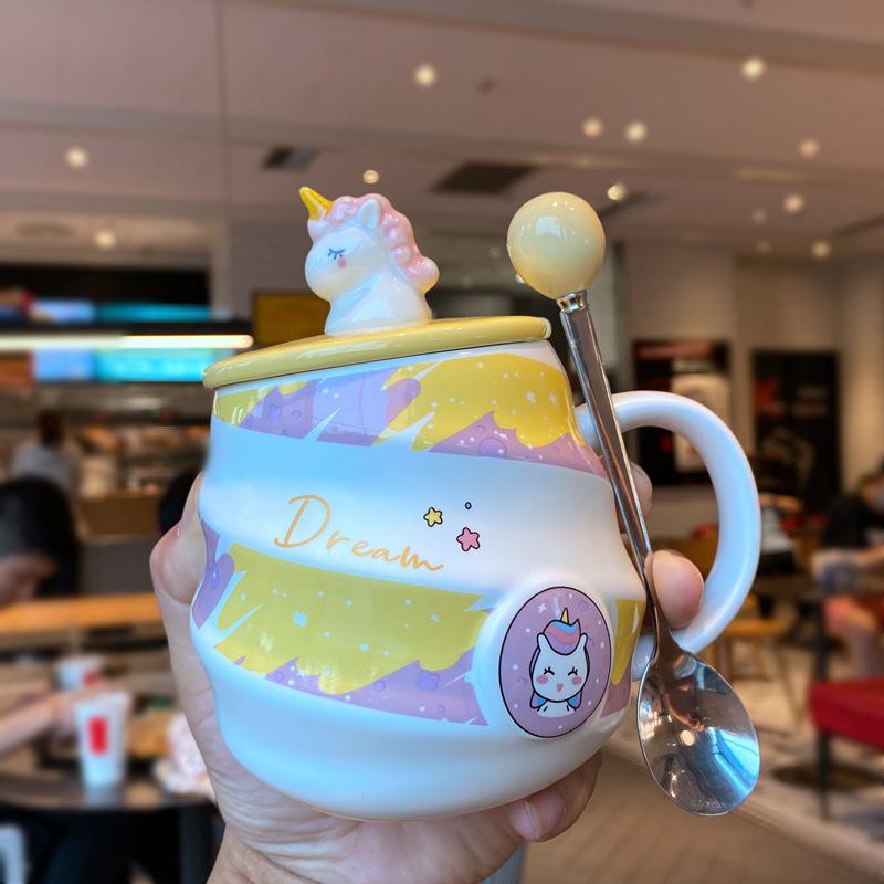 Einhorn Regenbogen Keramiktasse mit Deckel & Löffel - Niedliche Trinktasse für Mädchen