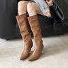 2025 Autumn and Winter New Woven Pointed Thin Heel High Tube But Knee Boots Fashion High Heel Short Boots Women