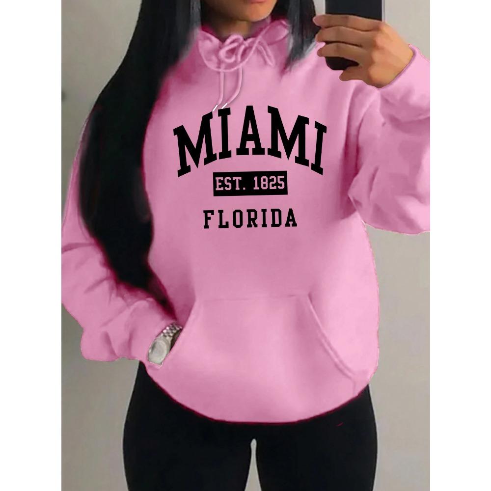 Miami Est 1825 City Art Letter Prints Women Hoodie Pocket Streetwear Harajuku Loose Hoody Fleece Female Clothing