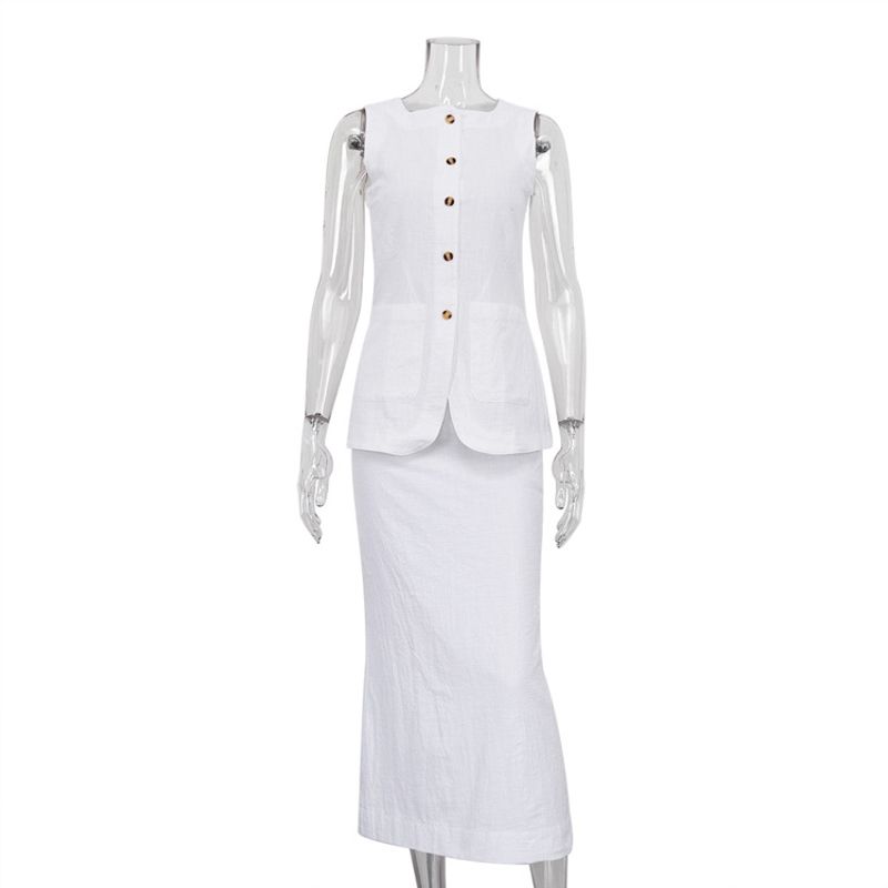 Solid Color Sleeveless Long Skirt Set Solid Sleeveless Cardigan Long Dress Set Women
